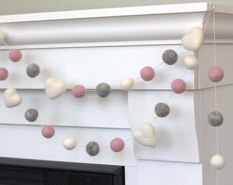 Baby Pink, Gray, White Felt Ball & Heart Garland - Valentines Party Nursery Childrens Room Decor- 1" Felt Balls, 1.75" Hearts- 100% Wool