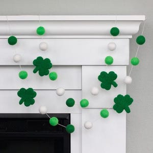 St. Patrick's Day Decor Shamrock Garland- 1" Felt Balls, 2.5" Shamrocks- Green White-  Spring Mantel Shelf, Leprechaun Home Decor- 100% Wool