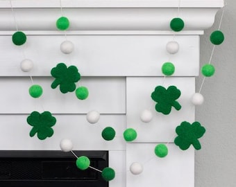 St. Patrick's Day Decor Shamrock Garland- 1" Felt Balls, 2.5" Shamrocks- Green White-  Spring Mantel Shelf, Leprechaun Home Decor- 100% Wool
