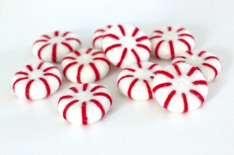 Felt Peppermints Red & White Christmas Home Decor, Winter Tiered Tray, Candy Cane Bowl Filler, Stocking Stuffer, Wool Cat Toy Approx 1.75 image 1