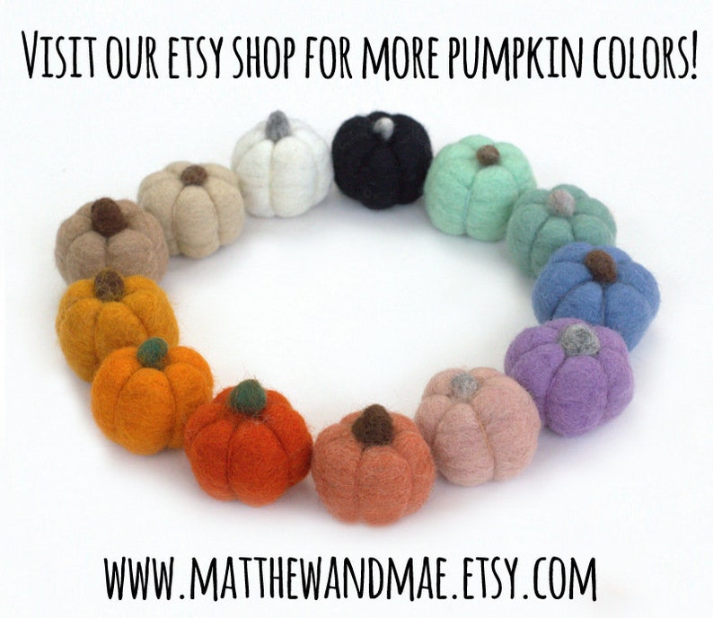 May include: A circle of felt pumpkins in various colours, including orange, yellow, green, blue, purple, and white. The pumpkins are arranged in a circle on a white background. The text "VISIT OUR ETSY SHOP FOR MORE PUMPKIN COLOURS!" is at the top of the image. The text "WWW.MATTHEWANDMAE.ETSY.COM" is at the bottom of the image.