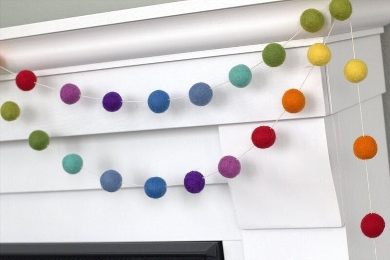 Rainbow Felt Ball Garland Mantle Banner, Shelf Bunting, Nursery Decor, Children's Playroom, Birthday Party 1 Felt Balls 100% Wool image 1