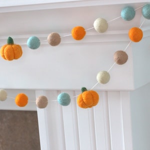 Felt Pumpkin Garland Teal Orange Tan Fall Mantle Banner, Autumn Shelf, Halloween Party, Thanksgiving Decor 1 Felt Balls, 1.5 Pumpkins image 1