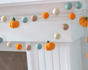 Felt Pumpkin Garland- Teal Orange Tan- Fall Mantle Banner, Autumn Shelf, Halloween Party, Thanksgiving Decor- 1"  Felt Balls, 1.5" Pumpkins