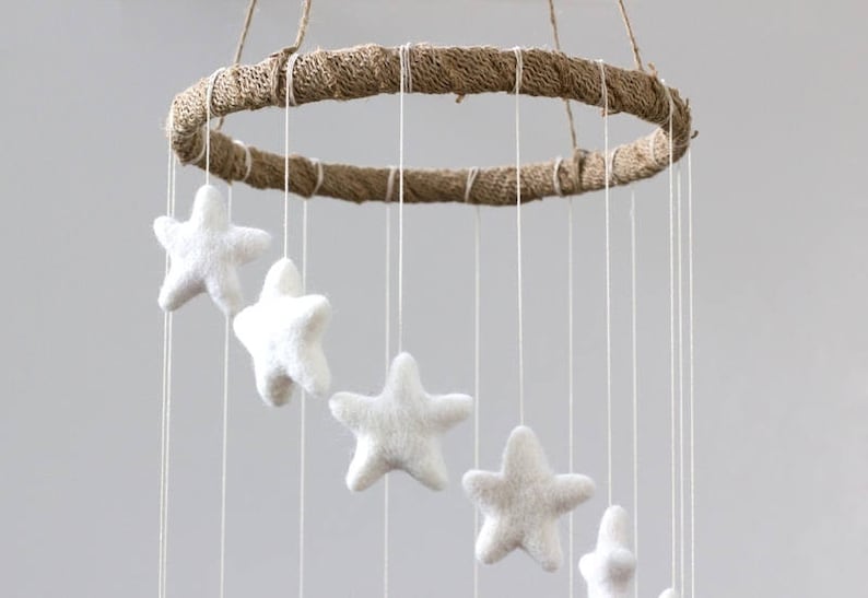 Spiral Nursery Mobile White Felt Stars Gender Neutral Nursery Baby and Children's Room Felt Ball Ceiling Decor 100% Wool, Ecofriendly image 2