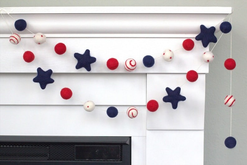 Fourth of July Garland 1 Felt Balls, 2 Stars Stars & Swirls Red White Navy Blue Memorial Day Party, American Flag Mantle Banner Decor image 7