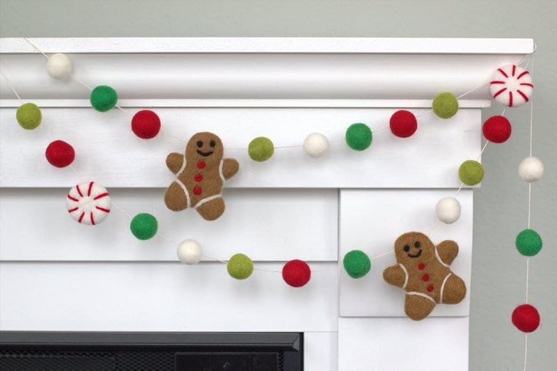 Gingerbread Peppermint Felt Christmas Garland- Red & Green- Mantel…