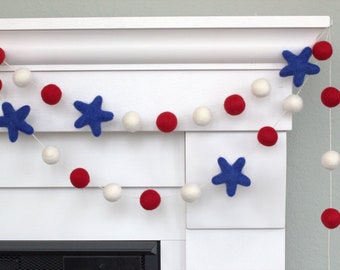 American Flag Felt Ball & Star Garland- 1" Felt Balls, 1.75" Stars- Red White Royal Blue- Holiday Party- Memorial Day- Fourth July