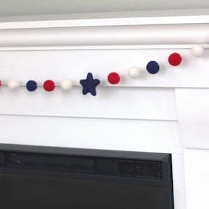 Red White Navy Blue Garland 1 Felt Balls, 2 Stars Navy Blue Star Memorial Day Party Decor, American Flag Mantle Banner, Labor Day Shelf image 7