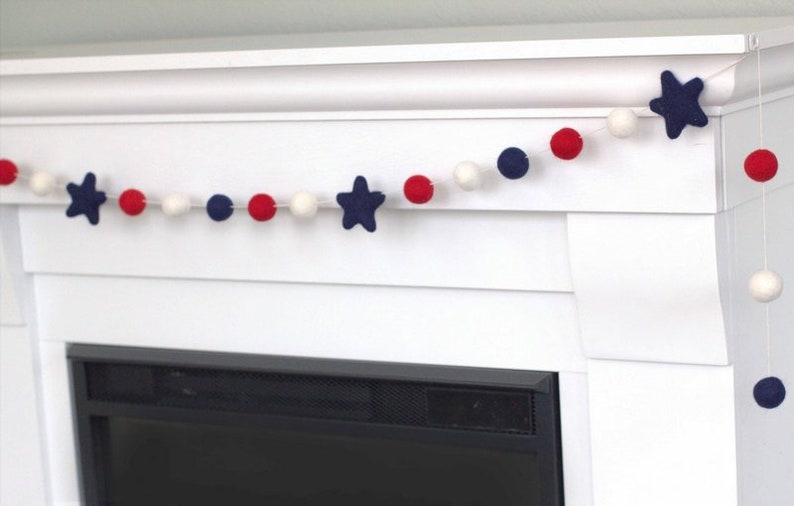 Red White Navy Blue Garland 1 Felt Balls, 2 Stars Navy Blue Stars Holiday USA Memorial Day Fourth July 100% Wool image 7