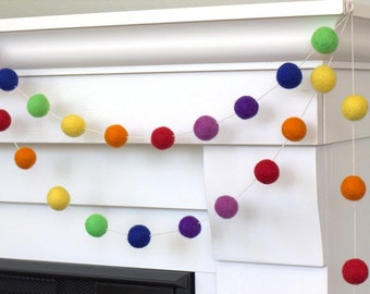 Felt Rainbow Garland- ROYGBIV- Mantle Banner, Shelf Bunting, Nursery Decor, Children's Playroom, Birthday Party- 1" Felt Balls- 100% Wool