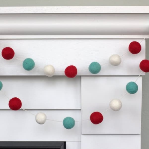 Red Turquoise Christmas Garland- Fireplace Mantel Banner, Holiday Shelf, Winter Home Decor- 1" Felt Balls- 100% Wool- Eco Friendly, Handmade