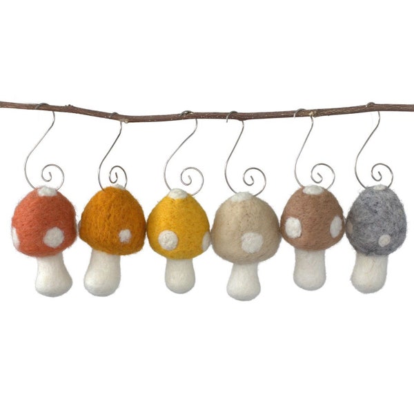 Wool Felt Mushroom Ornaments- Neutral Colors- 6 Pieces- Silver Swirl Hook- Fall Autumn, Craft, Forest Toadstool Fairy Garden