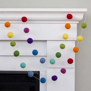 Rainbow Garland Felt Ball Home Decor- Mantel Banner, Shelf Bunting, Nursery, Children's Playroom, Birthday Party- 1" Felt Balls- 100% Wool