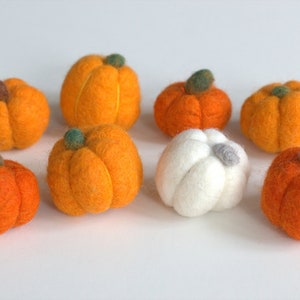 May include: A collection of handmade felt pumpkins in various shades of orange and one white pumpkin. Each pumpkin has a small green or brown stem, perfect for fall decor or seasonal crafts.