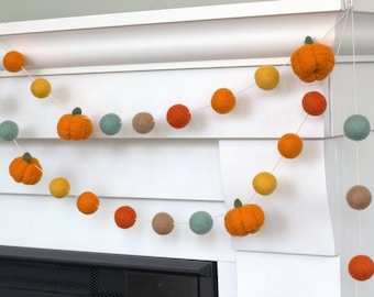 Felt Pumpkin Garland- Orange, Teal, Golden- Fall Autumn Halloween Thanksgiving- 1"  Felt Balls, 1.5" Pumpkins 100% Wool