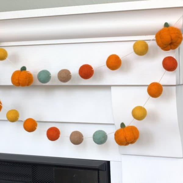 Felt Pumpkin Garland- Orange, Teal, Golden- Halloween Fall Mantle Banner, Autumn Shelf, Thanksgiving Decor- 1"  Felt Balls, 1.5" Pumpkins