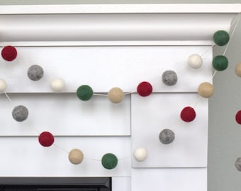 Christmas Garland- Burgundy Red, Forest Green, Gray, Almond, White- Holiday Decor- 1" Felt Balls- 100% Wool