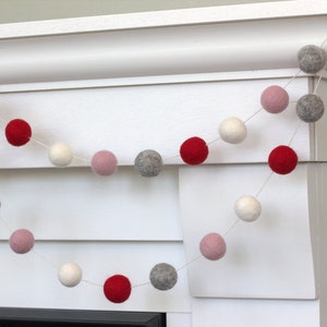 Valentine's Decor Garland 1 Felt Balls Red, Pink, Gray & White Mantle Banner, Shelf Home Decor 100% Wool image 1