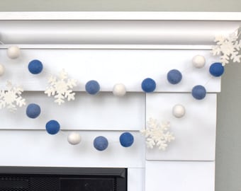 Snowflake Felt Garland- Blues and Off White- Christmas Mantle Banner, Holiday Shelf, Winter Home Decor- 1" Wool Felt Balls, 2.5" Snowflakes