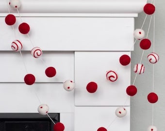 Christmas Felt Ball Garland- Red, White Swirls & Dots- Modern Mantel Banner, Holiday Shelf, Winter Home Decor, Valentines Day- 1" Felt Balls