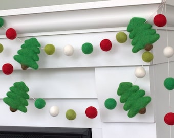 Christmas Tree Felt Ball Garland- Red & Greens with KELLY Green Trees- Wool Felt Pom Pom- Christmas- Holiday- 1" Felt Balls- 100% Wool