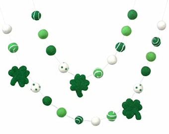 Shamrock Felt Garland- St. Patrick's Day- 1" Felt Balls, 2.5" Shamrocks- Green Swirls & Dots- Spring Mantle Shelf, Leprechaun Home Decor