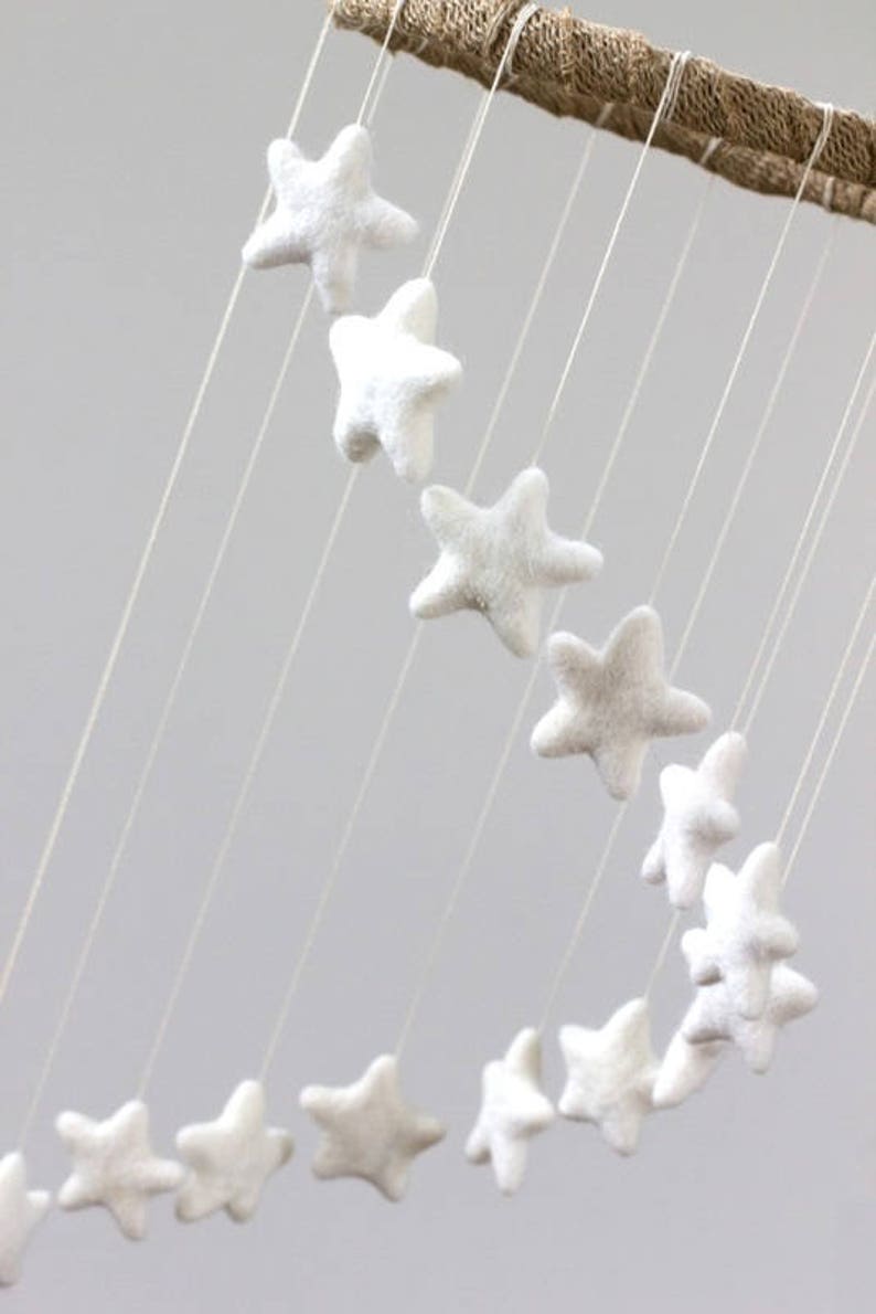 Spiral Nursery Mobile White Felt Stars Gender Neutral Nursery Baby and Children's Room Felt Ball Ceiling Decor 100% Wool, Ecofriendly image 4