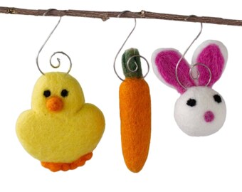 Easter Ornaments- Felt Bunny, Chick, Carrot- SET OF 3 Spring Ornaments with Silver Hooks- Tree Decor