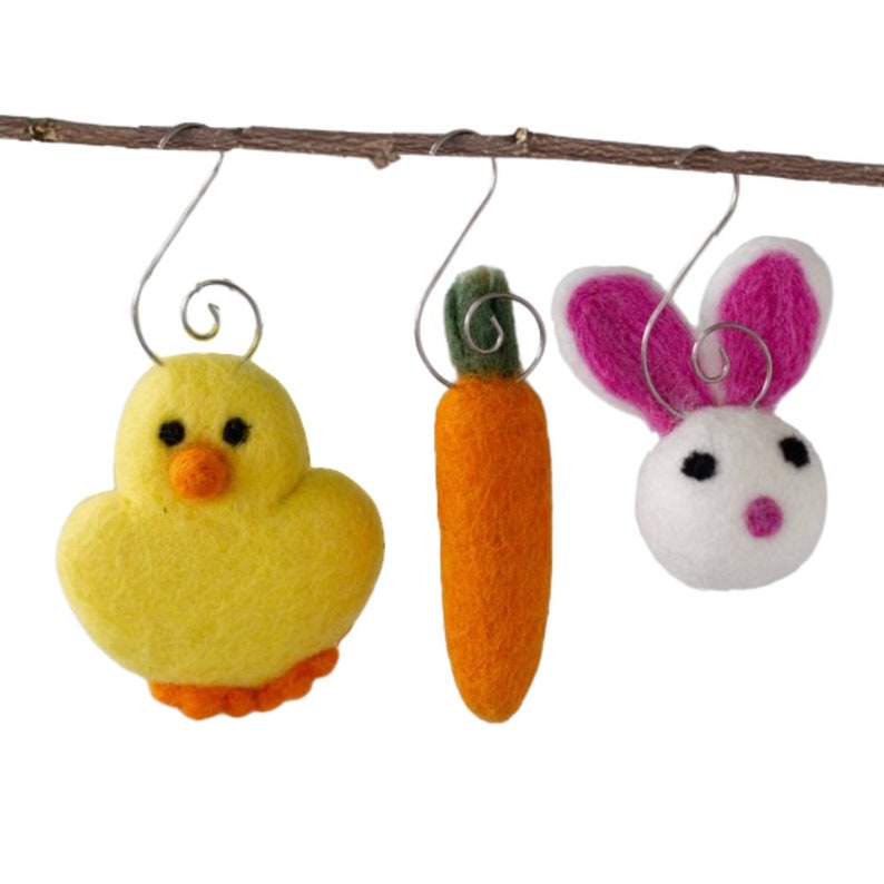 Easter Ornaments Felt Bunny, Chick, Carrot SET OF 3 Spring Ornaments with Silver Hooks Tree Decor image 1