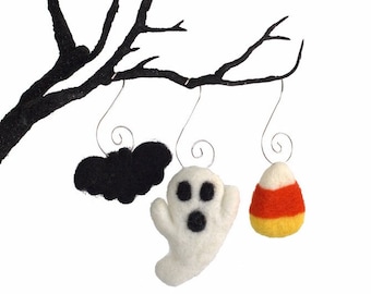 Halloween Felt Ornaments, SET OF 3 – Ghost, Bat & Candy Corn – 100% Wool Halloween Tree Decor with Hooks