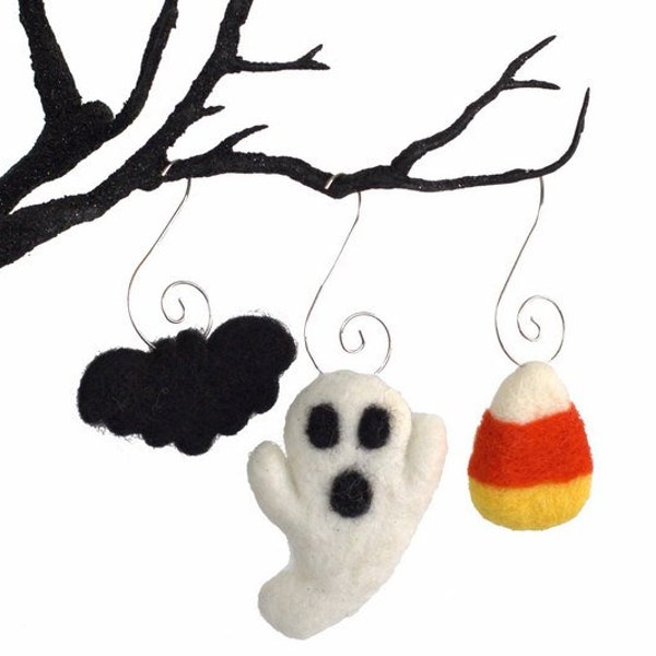 Halloween Ornaments- SET OF 3- Ghost, Bat, Candy Corn- Fall Autumn Shapes with Hooks- Mantle, Tray, Tree Decor- 100% Wool Felt