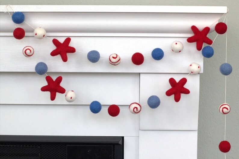 Fourth of July Garland 1 Felt Balls, 2 Stars Felt Balls Stars & Swirls Red White Blue with Red Stars USA Memorial Day 100% Wool image 1