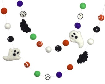 Ghost & Bat Halloween Garland- Swirl Dots Purple Green Orange Black- Wool Felt Ball Shapes- Fall Autumn- 1" Felt Balls- 100% Wool