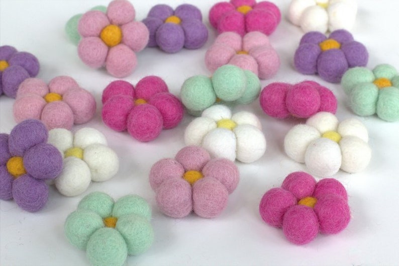 Felt Daisy Flowers Pink Lavender Seafoam White Set of 5 or 10 Spring Bowl Filler, Easter Tiered Tray Decor, Shelf Sitter Approx 1 7/8 image 5