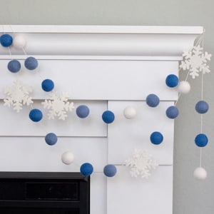 Snowflake Felt Garland- Blues and White- Christmas Mantel Banner, Holiday Shelf, Winter Home Decor- 1" Wool Felt Balls, 2.5" Snowflakes