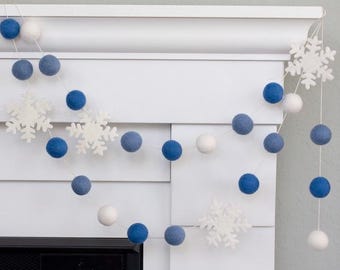 Snowflake Felt Garland- Blues and White- Christmas Mantel Banner, Holiday Shelf, Winter Home Decor- 1" Wool Felt Balls, 2.5" Snowflakes