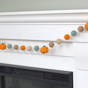 Felt Pumpkin Garland Teal Orange Tan Fall Mantle Banner, Autumn Shelf, Halloween Party, Thanksgiving Decor 1 Felt Balls, 1.5 Pumpkins image 7