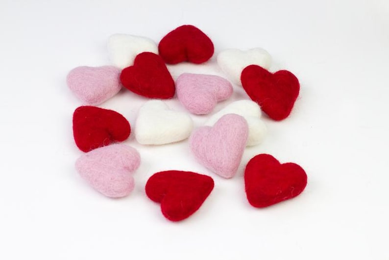 Wool Felt Hearts- Red Pink White- SET of 3, 6 or 12 Valentine's Day Bowl Filler, Tiered Tray, Shelf Sitter, Wool Cat Toy- Approx. 1.75" Tall image 1