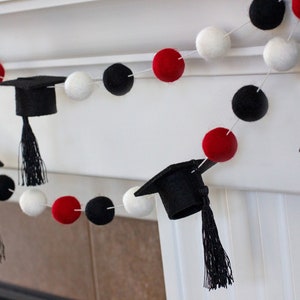 Graduation Cap Garland Decor 1 Felt Balls, 2 Wide Caps Red Black White with BLACK tassels Mortar Board Hat Mantle Party Banner image 10