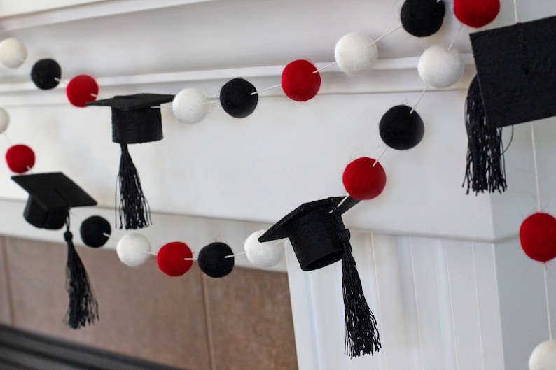 Graduation Cap Garland Decor 1 Felt Balls, 2 Wide Caps Red Black White with BLACK tassels Mortar Board Hat Mantle Party Banner image 10