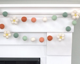 Felt Daisy Flower Garland- 1" Balls, 1 7/8" Daisies- Earth Tones- Spring Mantle Banner, Summer Shelf, Easter Home Decor- 100% Wool