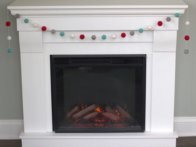 Christmas Felt Garland Red Turquoise Gray White Mantle Banner, Winter Holiday Shelf, Valentine's Home Decor 1 Felt Balls 100% Wool image 2