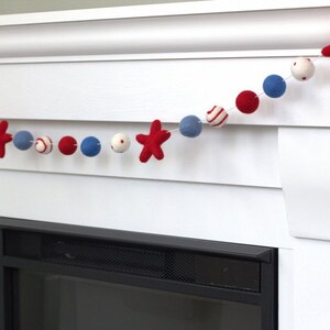 Fourth of July Garland 1 Felt Balls, 2 Stars Felt Balls Stars & Swirls Red White Blue with Red Stars USA Memorial Day 100% Wool image 7