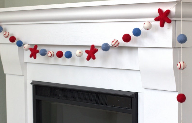 Fourth of July Garland 1 Felt Balls, 2 Stars Felt Balls Stars & Swirls Red White Blue with Red Stars USA Memorial Day 100% Wool image 7