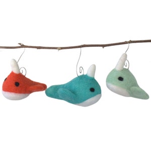 Narwhal Felt Ornaments- SET of 3- Coral, Turquoise, Seafoam- Christmas Tree Decor With Hooks- Winter Holiday Decoration