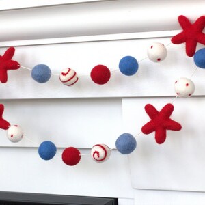 Fourth of July Garland 1 Felt Balls, 2 Stars Felt Balls Stars & Swirls Red White Blue with Red Stars USA Memorial Day 100% Wool image 9