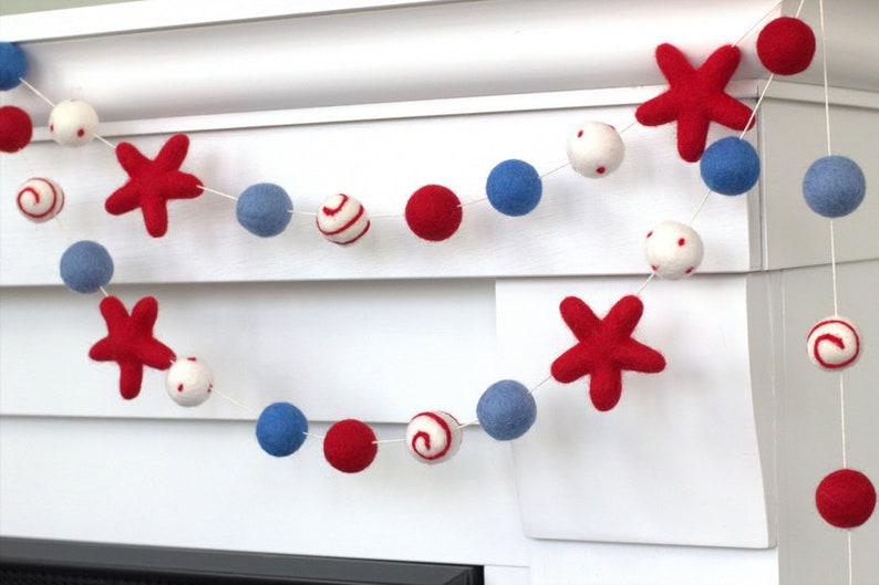 Fourth of July Garland 1 Felt Balls, 2 Stars Felt Balls Stars & Swirls Red White Blue with Red Stars USA Memorial Day 100% Wool image 9