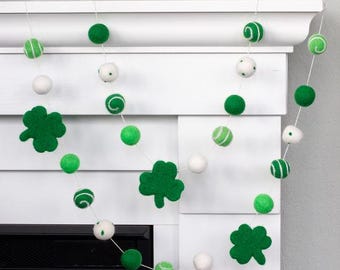 Shamrock St. Patrick's Day Felt Garland- 1" Felt Balls, 2.5" Shamrocks- Green Swirls & Dots- Spring Mantel Shelf, Leprechaun Home Decor