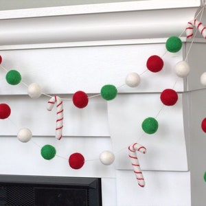 Candy Cane Christmas Garland- Red, Kelly Green & White- Mantle Banner, Holiday Shelf, Winter Home Decor- 1" Felt Balls, 2.5-3" Candy Canes